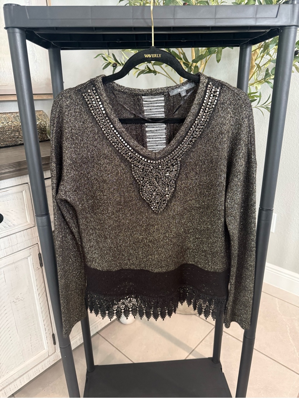 Miss Me Gold and Black Beaded V-Neck Sweater Top